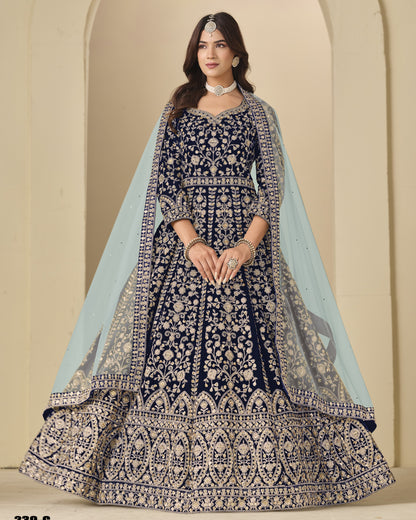 Navy Blue Velvet Anarkali Suit With Dupatta For Indian & Pakistani Wedding Festival - Dori With Thread & Sequence Embroidery Work