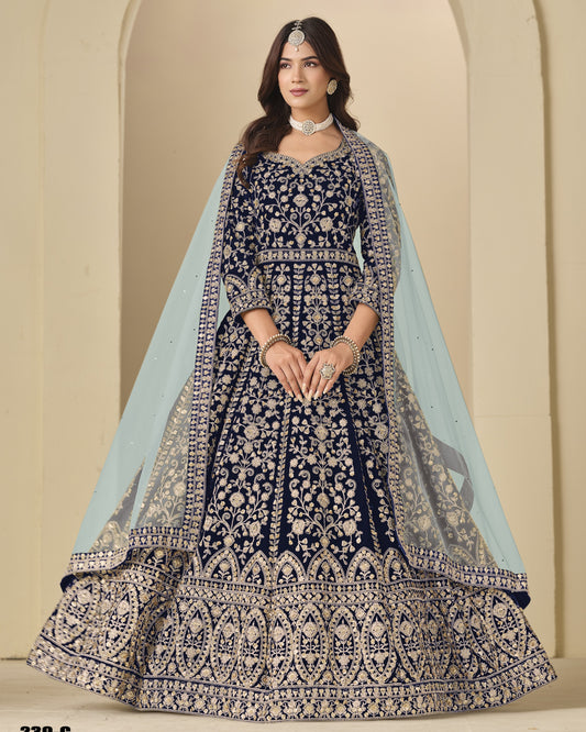 Navy Blue Velvet Anarkali Suit With Dupatta For Indian & Pakistani Wedding Festival - Dori With Thread & Sequence Embroidery Work