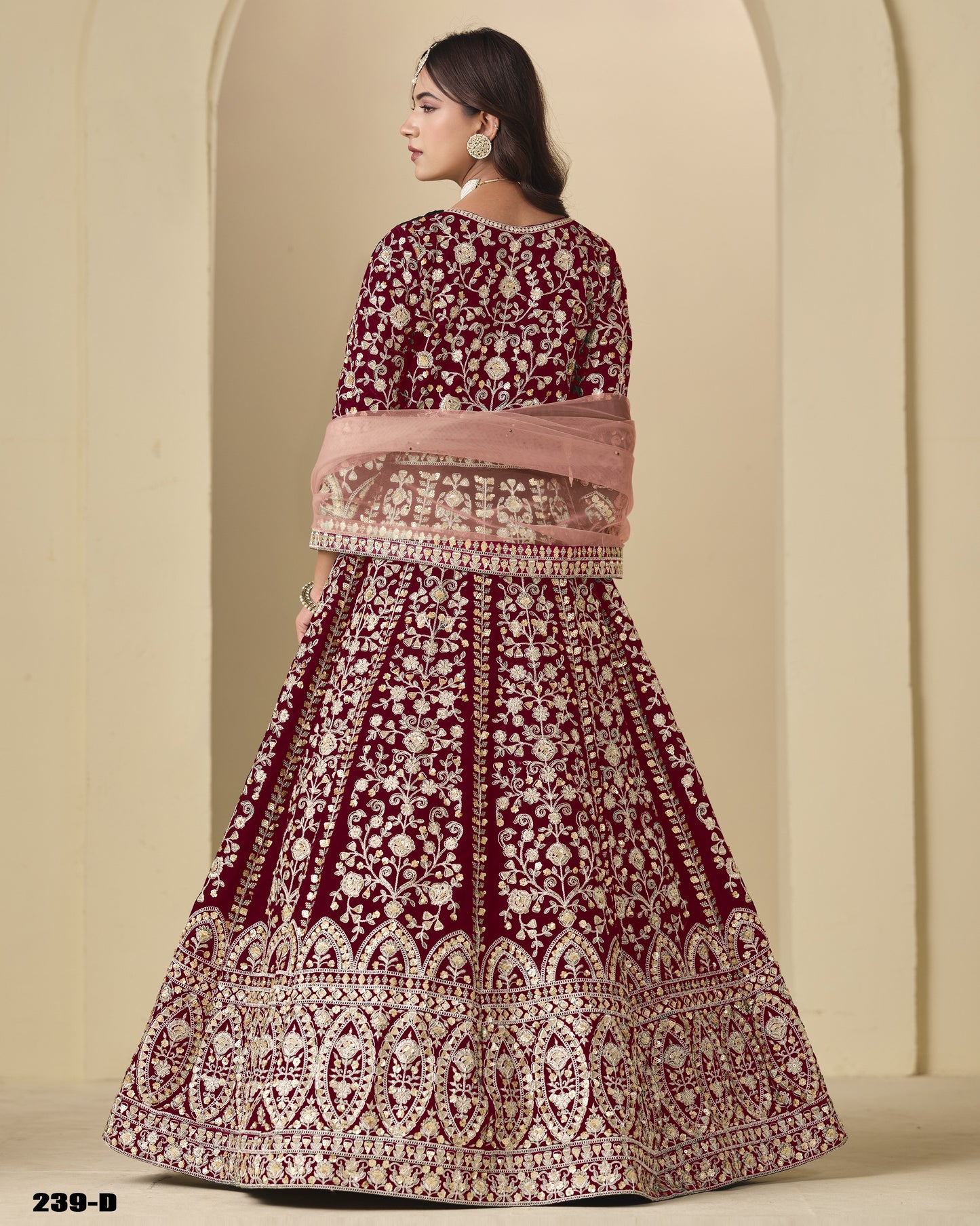 Deep Maroon Velvet Anarkali Suit With Dupatta For Indian & Pakistani Wedding Festival - Dori With Thread & Sequence Embroidery Work