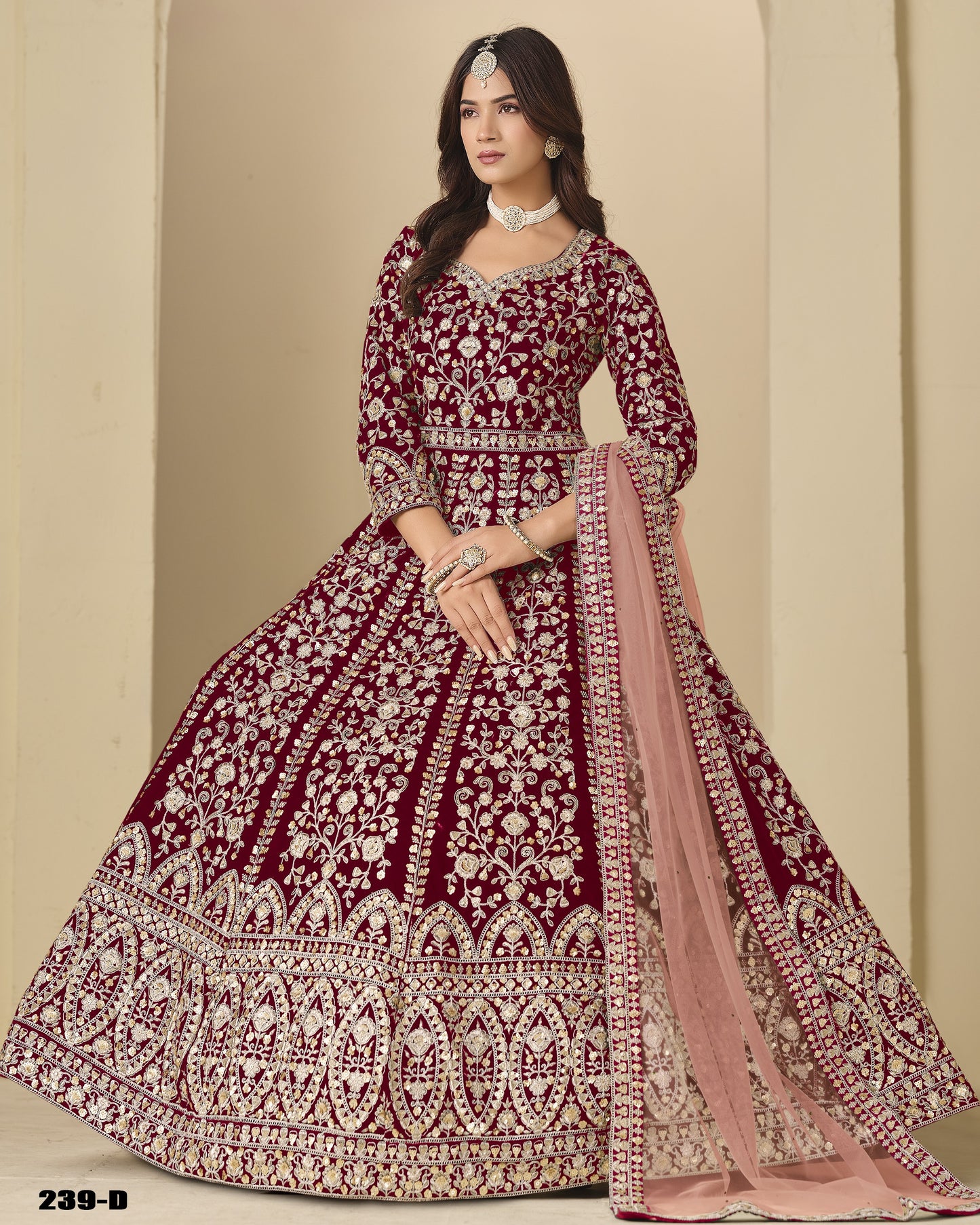 Deep Maroon Velvet Anarkali Suit With Dupatta For Indian & Pakistani Wedding Festival - Dori With Thread & Sequence Embroidery Work