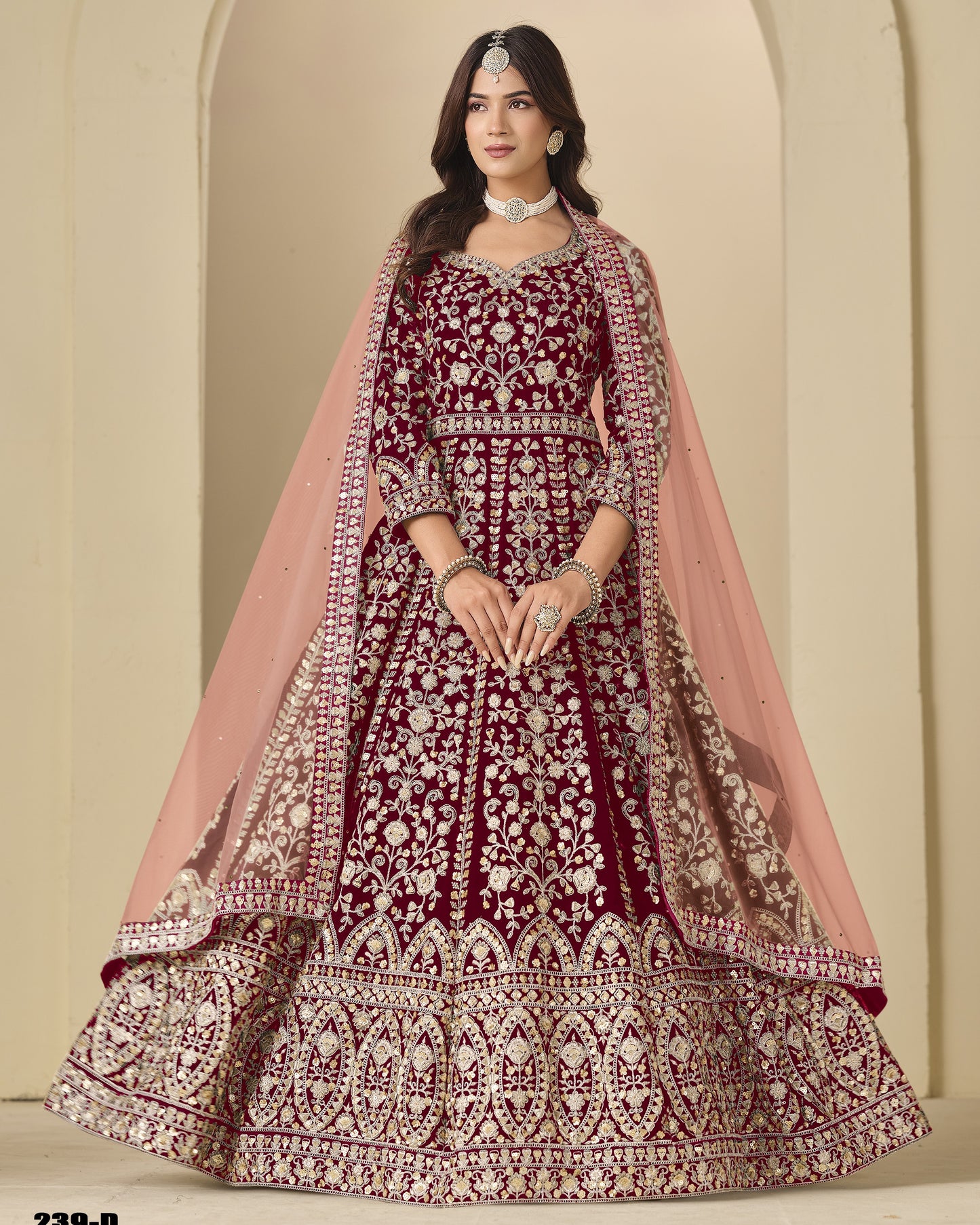 Deep Maroon Velvet Anarkali Suit With Dupatta For Indian & Pakistani Wedding Festival - Dori With Thread & Sequence Embroidery Work