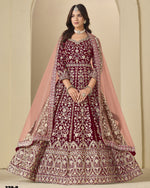 Deep Maroon Velvet Anarkali Suit With Dupatta For Indian & Pakistani Wedding Festival - Dori With Thread & Sequence Embroidery Work