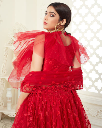 Woman wearing a red embroidered dress with sheer sleeves against a white lattice background