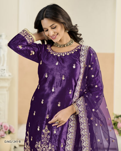 Woman wearing a purple embroidered traditional outfit with a blurred background
