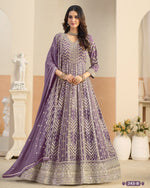 Purple Georgette Anarkali Suit With Dupatta For Indian & Pakistani Wedding Festival - Dori With Thread & Sequence Embroidery Work