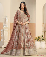 Brown Georgette Anarkali Suit With Dupatta For Indian & Pakistani Wedding Festival - Dori With Thread & Sequence Embroidery Work