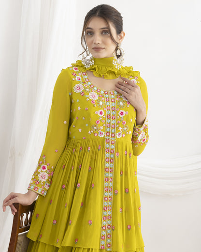 Yellow Georgette Lehenga Set With Top & Dupatta For Indian & Pakistani Wedding Festival Wear - Moti & Dori With Thread & Sequence Work