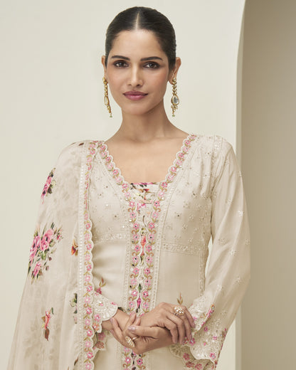 Woman wearing a cream-colored embroidered traditional outfit with floral patterns on a plain background