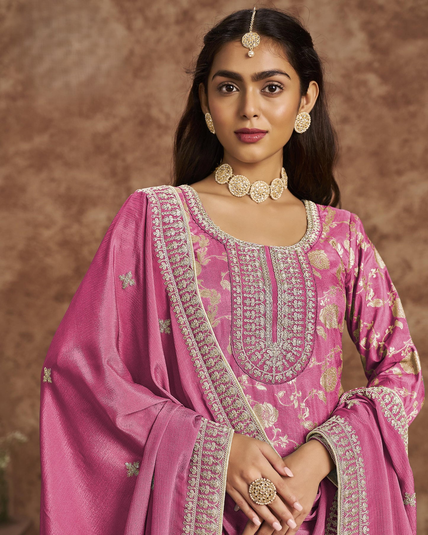 Pink Jacquard Salwar Suit With Kameez & Dupatta For Indian & Pakistani Wedding Festival - Dori Thread Sequence Work
