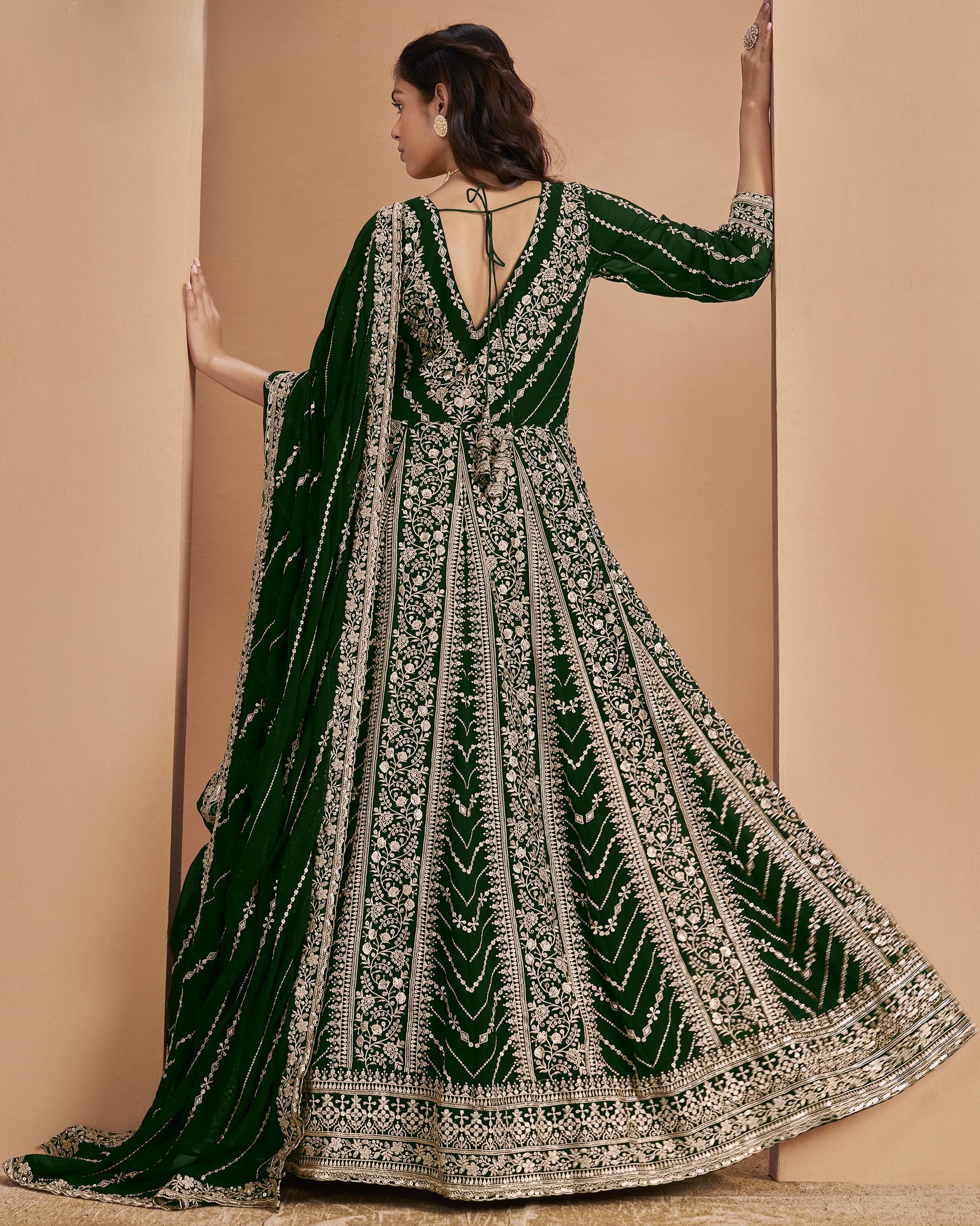 Green and silver embroidered traditional dress on a beige background