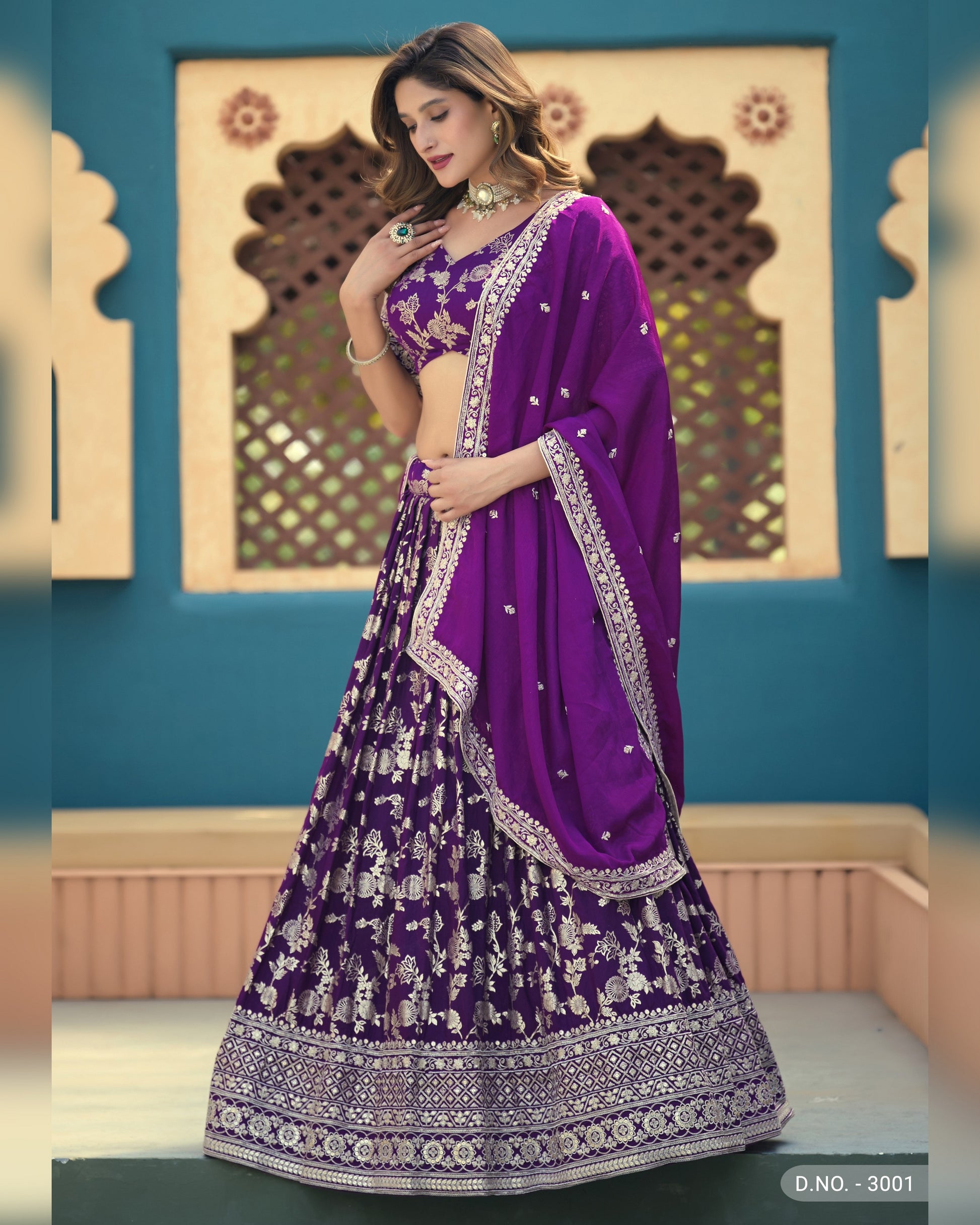 Woman wearing a purple and white traditional outfit with a decorative background