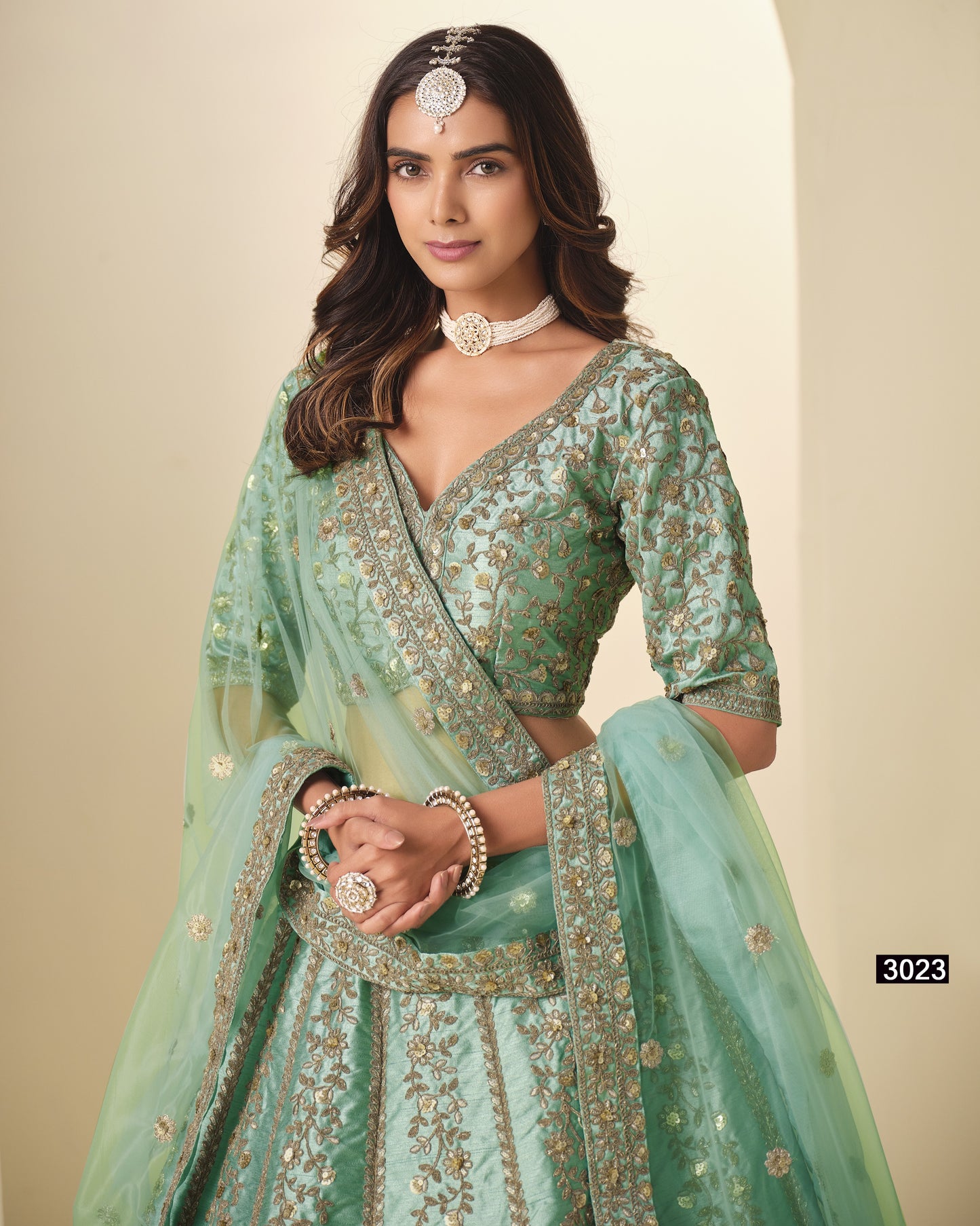 Woman wearing a light green embroidered traditional outfit with jewelry against a beige background