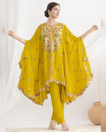 Yellow Chinon Silk Kaftan Suit With Pant For Indian & Pakistani Wedding Festival - Thread & Sequence Embroidery Work
