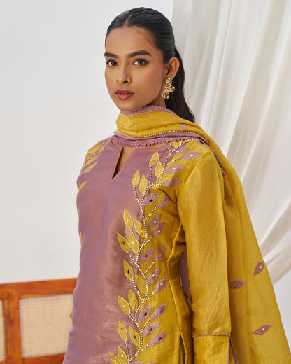 Purple & Yellow Crush Kameez With Salwar Suit For Indian & Pakistani Wedding Festival Season - Mirror Thread & Embroidery Work