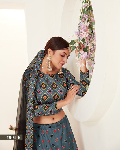 Woman wearing a traditional outfit with a floral headpiece against a white background