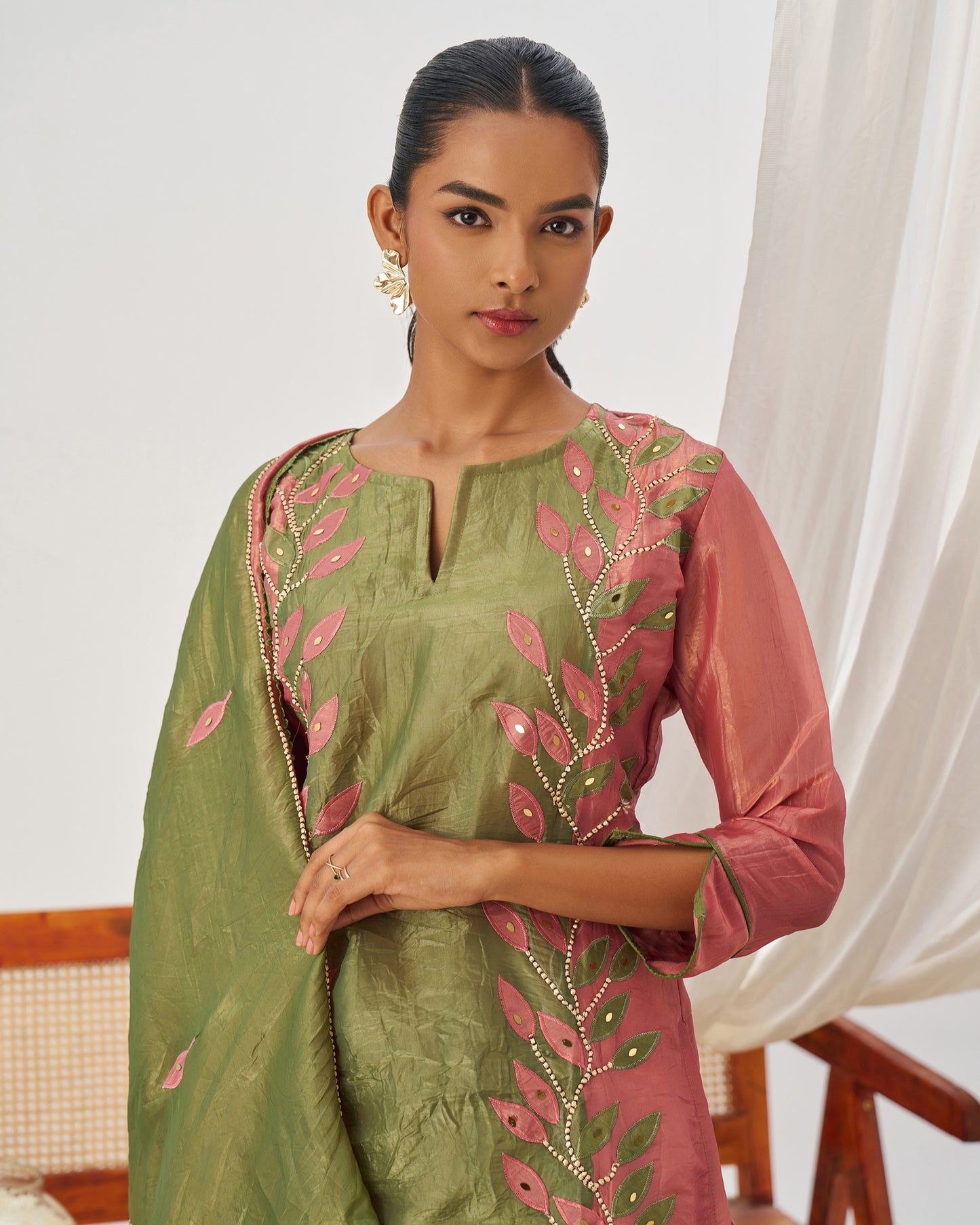 Green & Pink Crush Kameez With Salwar Suit For Indian & Pakistani Wedding Festival Season - Mirror Thread & Embroidery Work