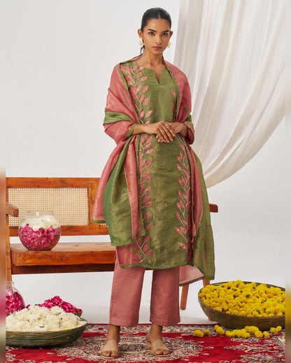 Green & Pink Crush Kameez With Salwar Suit For Indian & Pakistani Wedding Festival Season - Mirror Thread & Embroidery Work