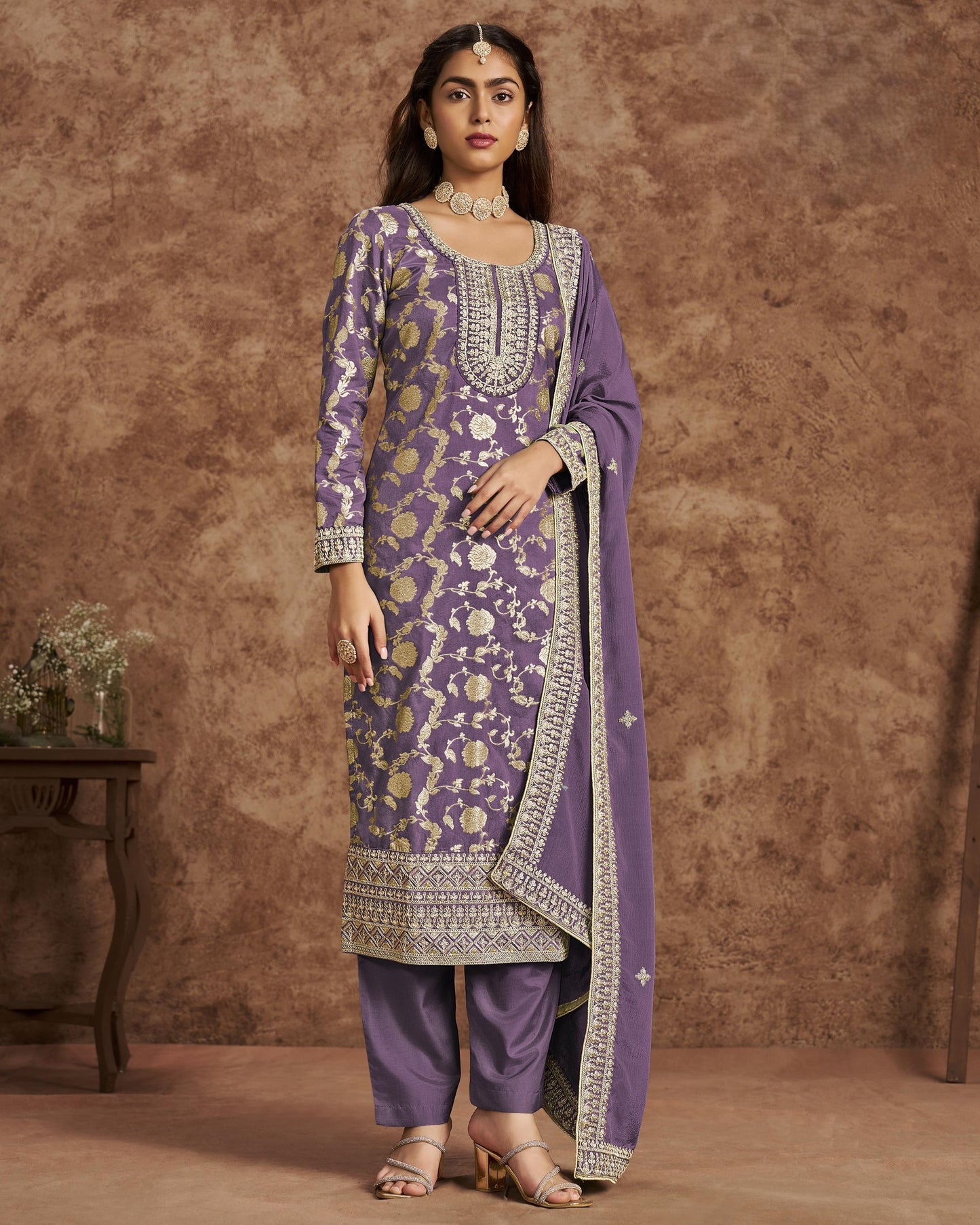 Lavender Jacquard Salwar Suit With Kameez & Dupatta For Indian & Pakistani Wedding Festival - Dori Thread Sequence Work