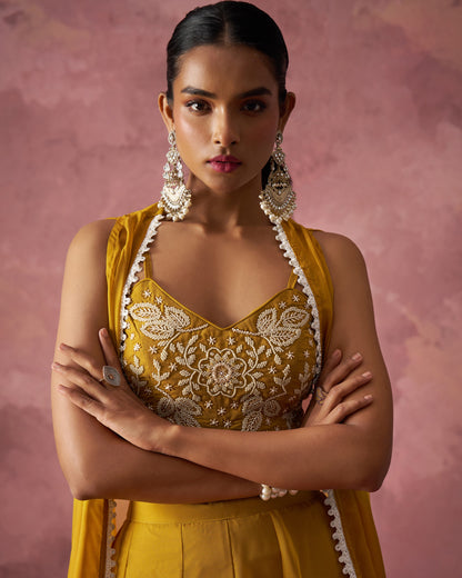 Woman wearing a yellow embroidered traditional outfit with a pink background
