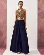 Navy Blue Jacquard Plazo Suit With Blouse For Indian & Pakistani Wedding Festival & Party - Thread Work