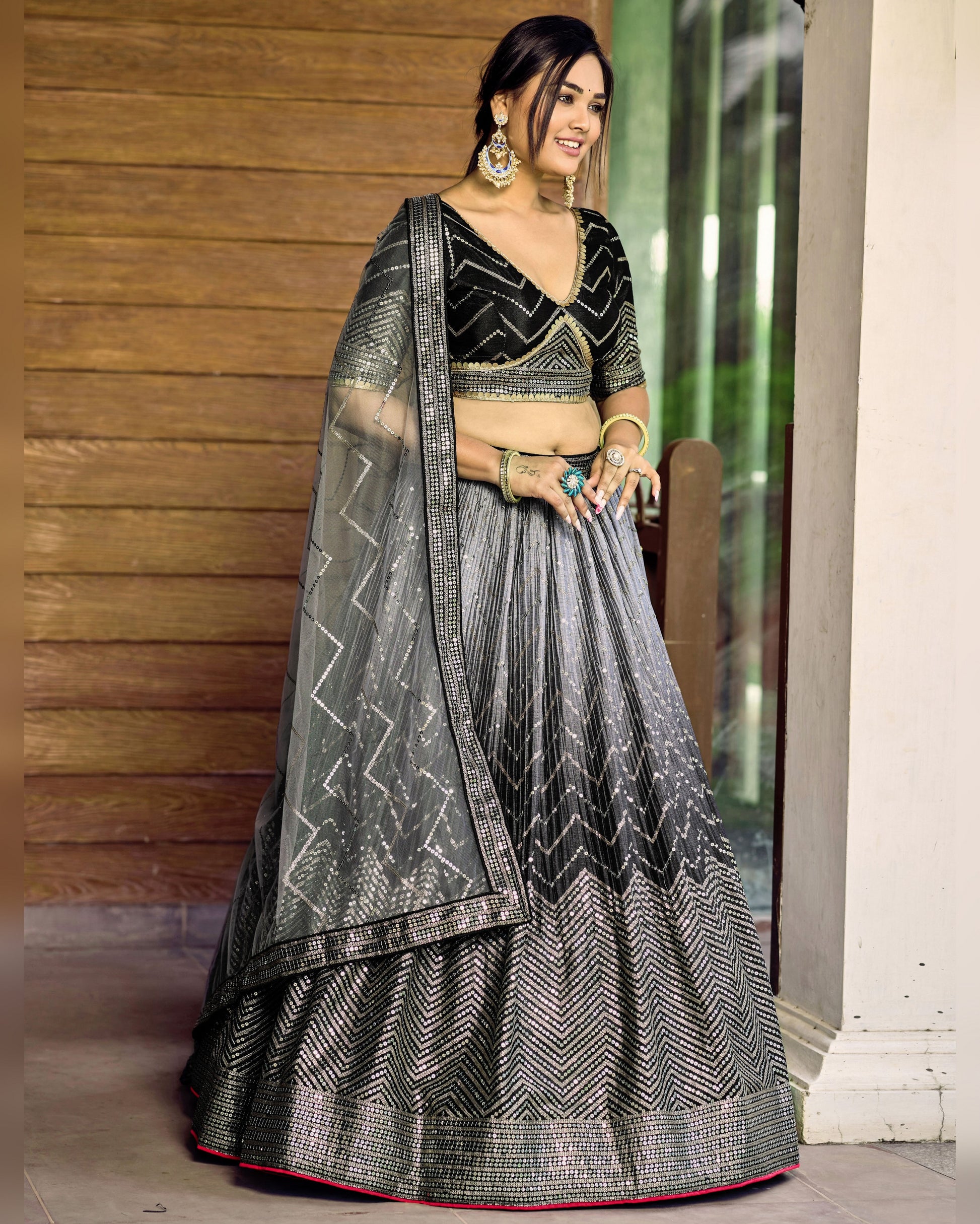 Woman wearing a traditional black and gray saree with a wooden wall background
