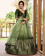 Green Chinon Lehenga Choli With Blouse & Dupatta For Indian & Pakistani Wedding Festival - Sequins & Thread Embroidered Work