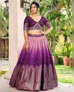 Purple Chinon Lehenga Choli With Blouse & Dupatta For Indian & Pakistani Wedding Festival - Sequins & Thread Embroidered Work