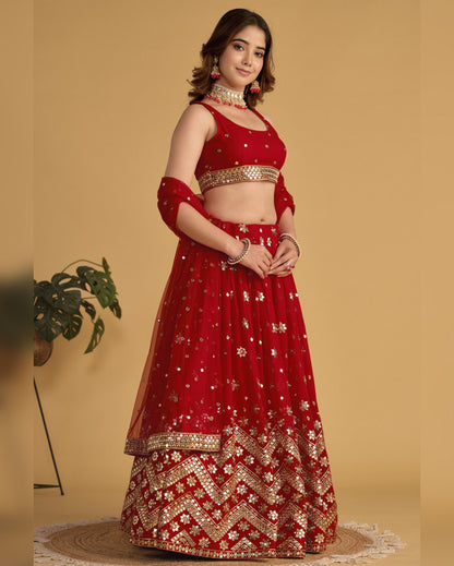 Red Georgette Lehenga Choli With Blouse & Dupatta For Indian & Pakistani Wedding Festival - Sequins Zari Embroidered Work