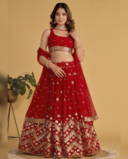 Red Georgette Lehenga Choli With Blouse & Dupatta For Indian & Pakistani Wedding Festival - Sequins Zari Embroidered Work