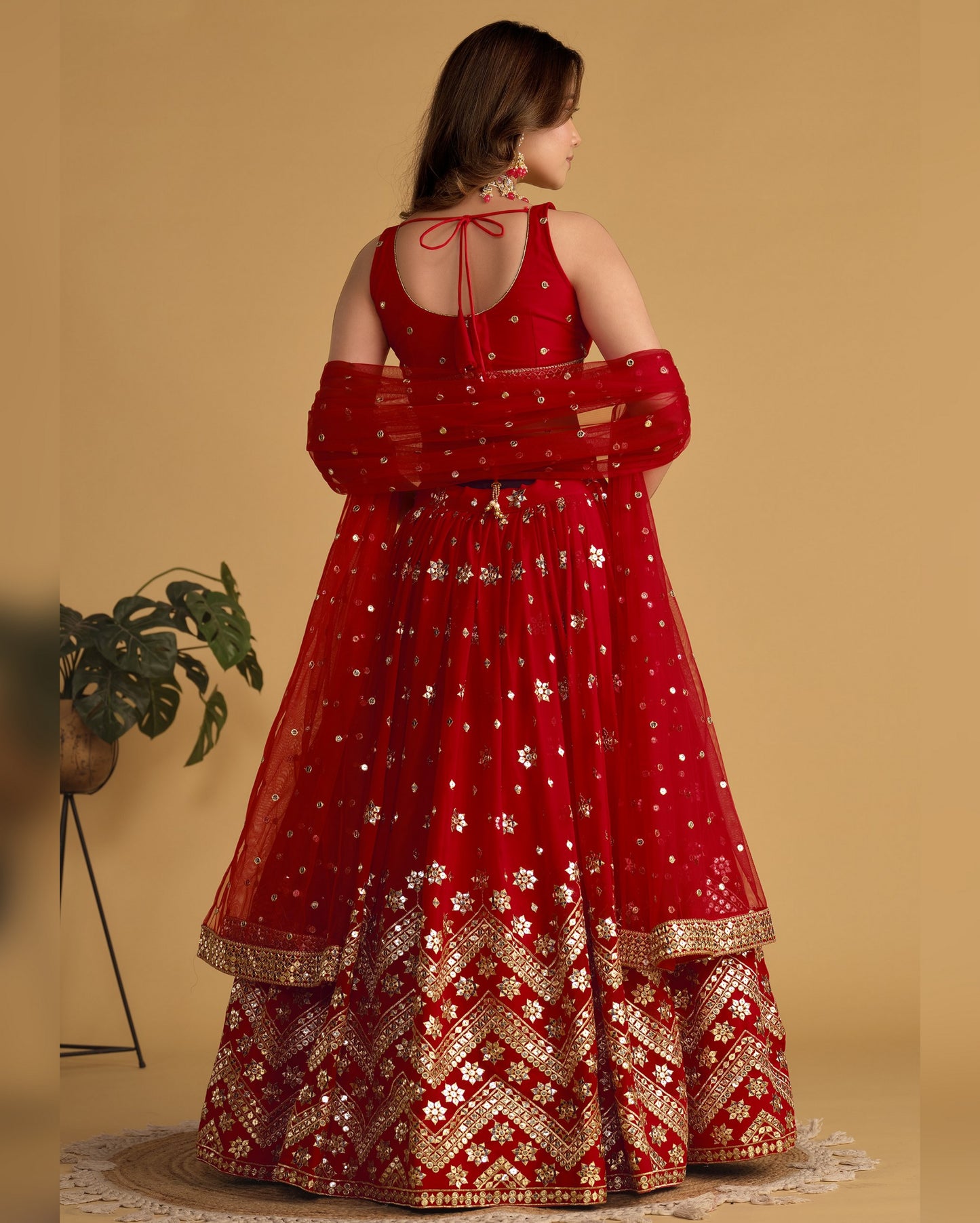 Red Georgette Lehenga Choli With Blouse & Dupatta For Indian & Pakistani Wedding Festival - Sequins Zari Embroidered Work