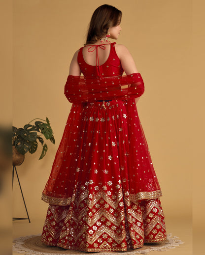 Red Georgette Lehenga Choli With Blouse & Dupatta For Indian & Pakistani Wedding Festival - Sequins Zari Embroidered Work