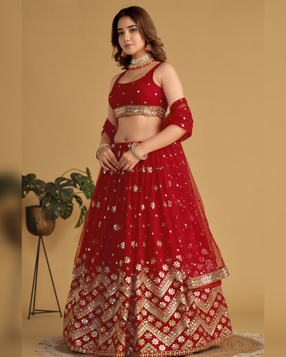 Red Georgette Lehenga Choli With Blouse & Dupatta For Indian & Pakistani Wedding Festival - Sequins Zari Embroidered Work