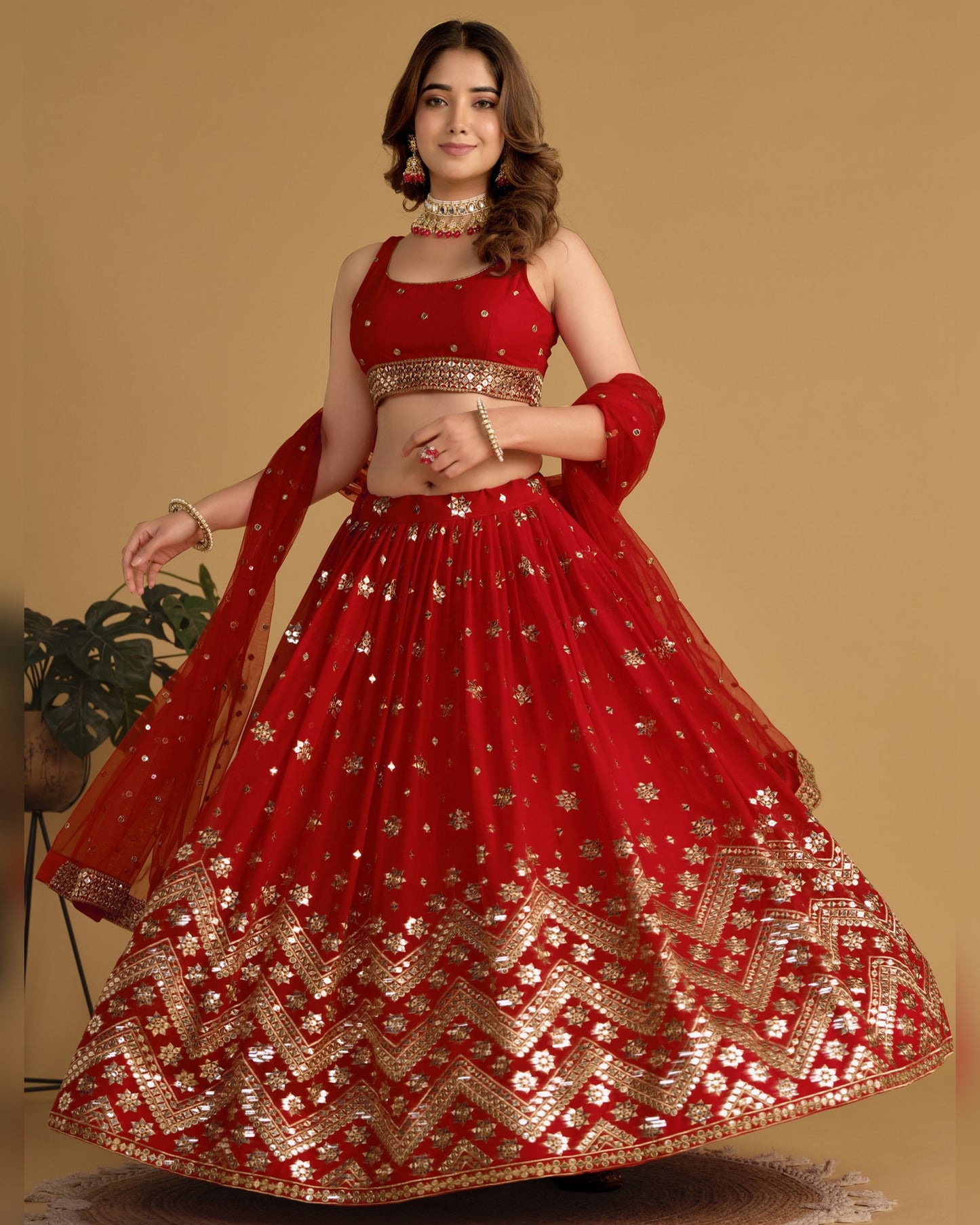 Red Georgette Lehenga Choli With Blouse & Dupatta For Indian & Pakistani Wedding Festival - Sequins Zari Embroidered Work