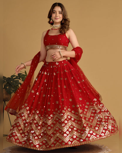 Red Georgette Lehenga Choli With Blouse & Dupatta For Indian & Pakistani Wedding Festival - Sequins Zari Embroidered Work