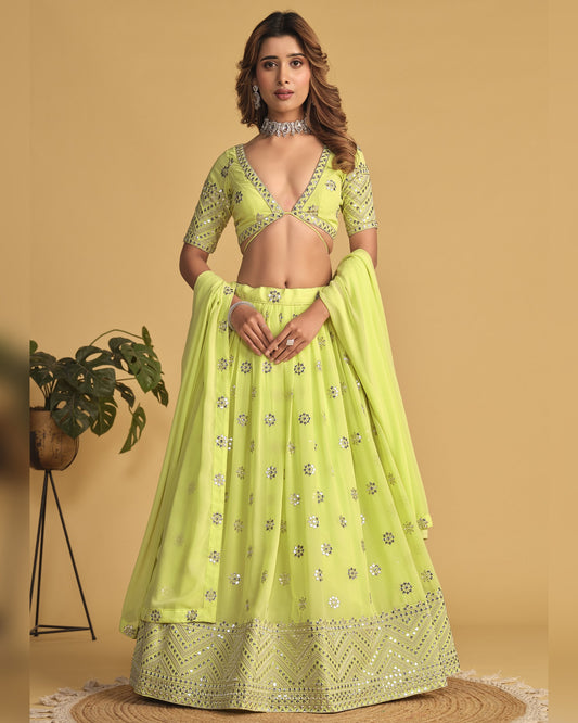 Lime Green Georgette Lehenga Choli With Blouse & Dupatta For Indian & Pakistani Wedding Festival - Sequins Zari Embroidered Work