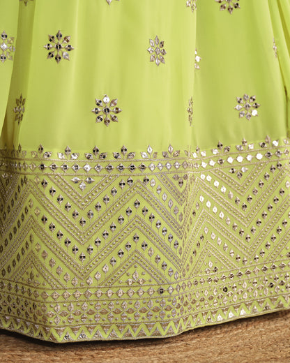Lime Green Georgette Lehenga Choli With Blouse & Dupatta For Indian & Pakistani Wedding Festival - Sequins Zari Embroidered Work