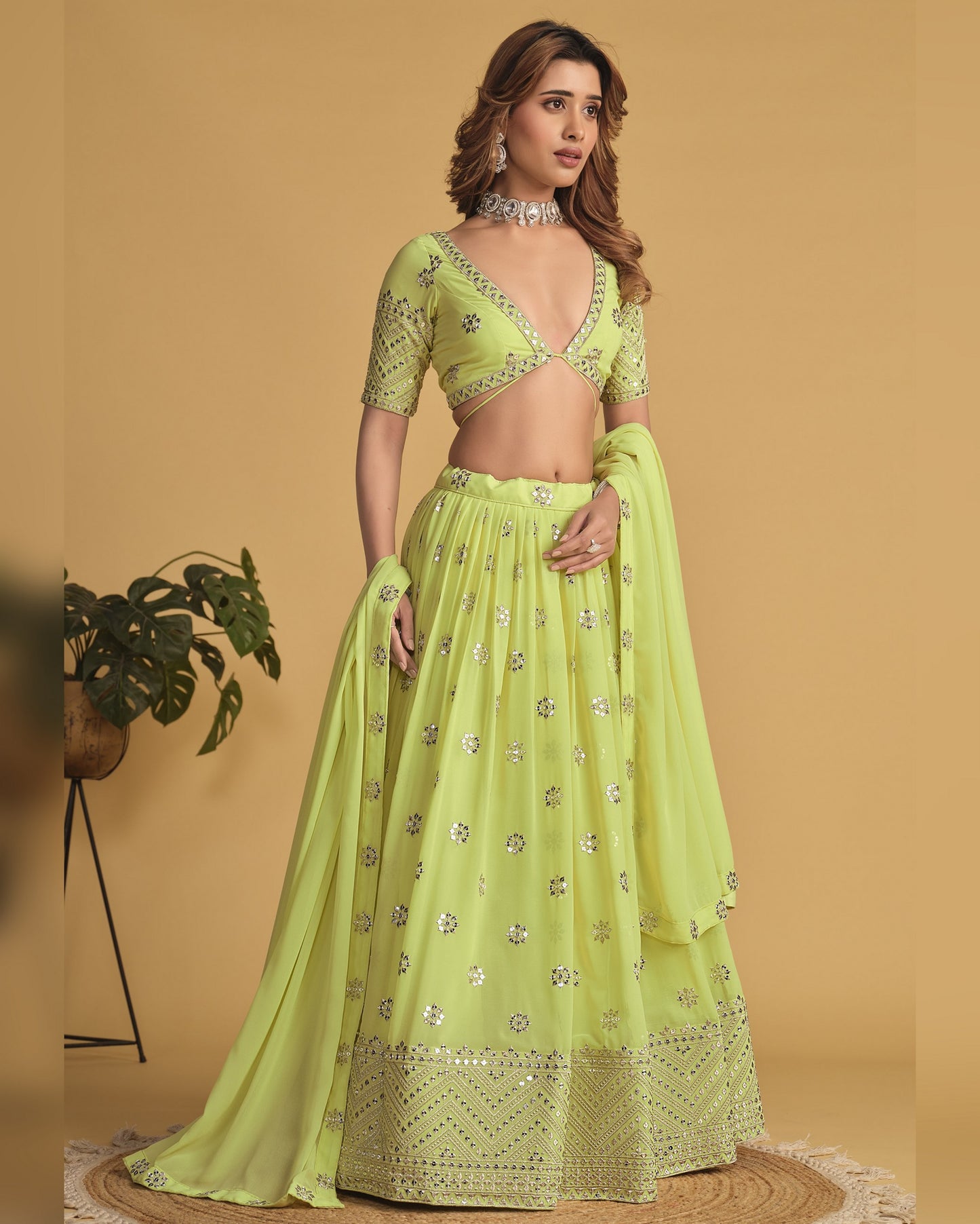 Lime Green Georgette Lehenga Choli With Blouse & Dupatta For Indian & Pakistani Wedding Festival - Sequins Zari Embroidered Work