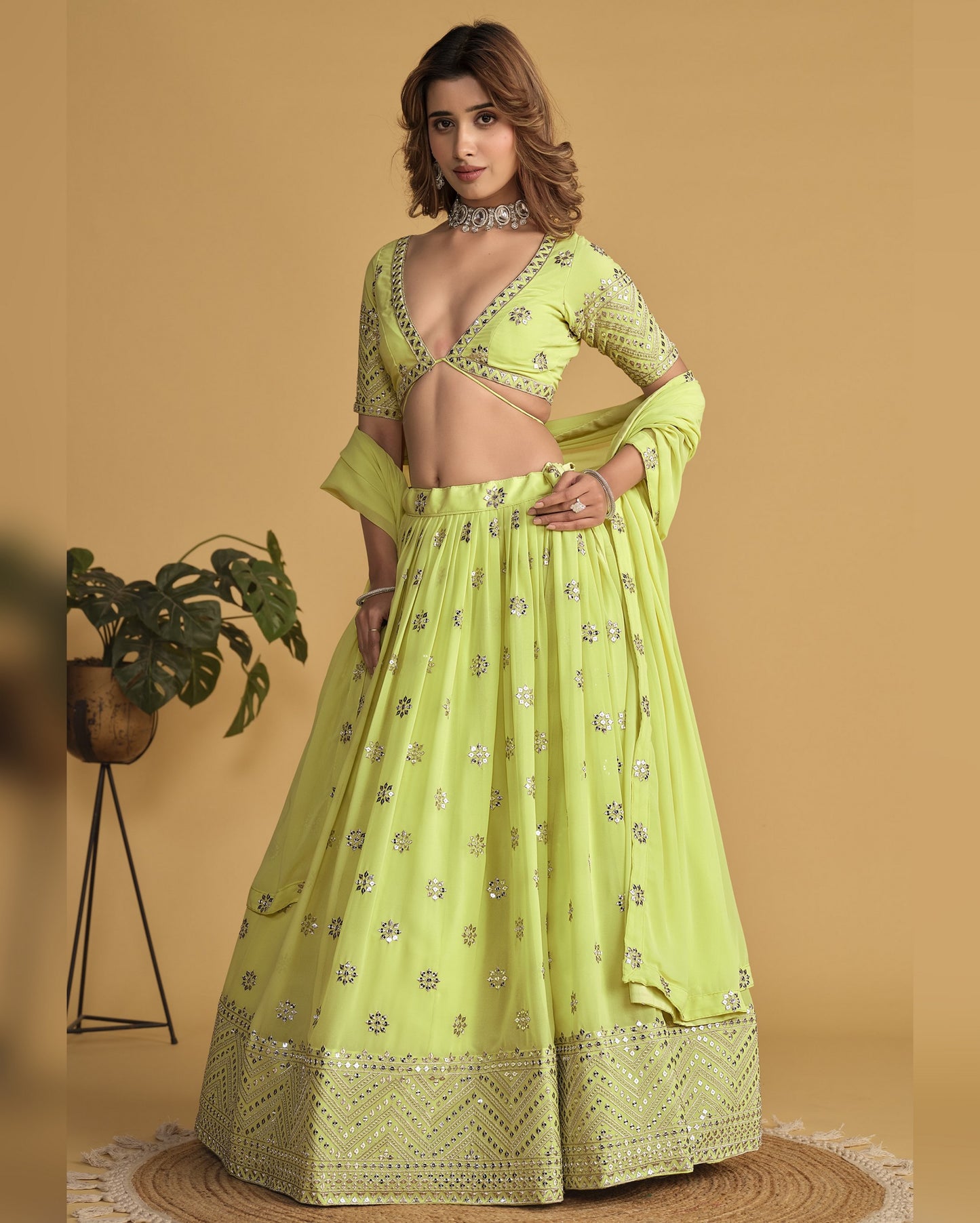 Lime Green Georgette Lehenga Choli With Blouse & Dupatta For Indian & Pakistani Wedding Festival - Sequins Zari Embroidered Work