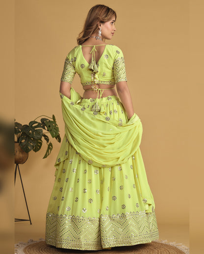 Lime Green Georgette Lehenga Choli With Blouse & Dupatta For Indian & Pakistani Wedding Festival - Sequins Zari Embroidered Work