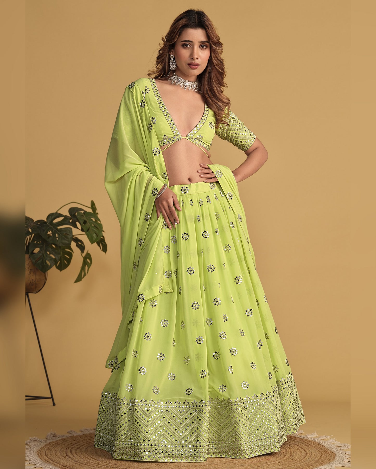 Lime Green Georgette Lehenga Choli With Blouse & Dupatta For Indian & Pakistani Wedding Festival - Sequins Zari Embroidered Work