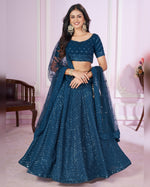 Blue Georgette Lehenga Choli With Blouse & Dupatta For Indian & Pakistani Wedding Festival - Sequins, Thread Embroidery Work