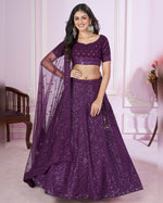 Purple Georgette Lehenga Choli With Blouse & Dupatta For Indian & Pakistani Wedding Festival - Sequins, Thread Embroidery Work