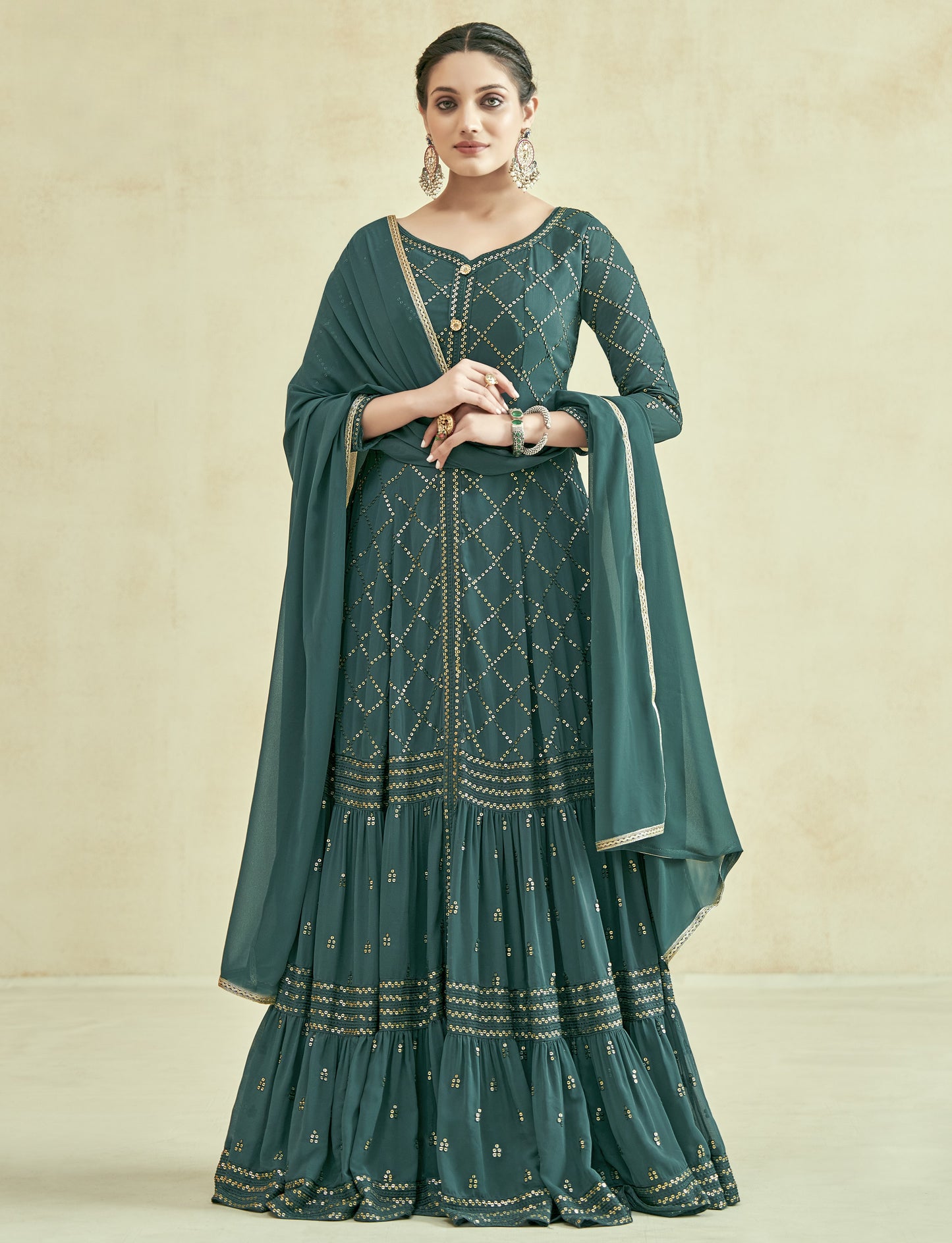 Green Georgette Anarkali Suit With Dupatta For Indian & Pakistani Wedding Festival - Thread Sequence Work