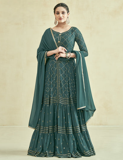 Green Georgette Anarkali Suit With Dupatta For Indian & Pakistani Wedding Festival - Thread Sequence Work