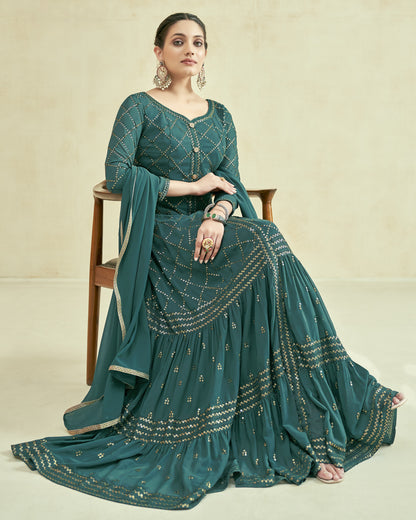 Green Georgette Anarkali Suit With Dupatta For Indian & Pakistani Wedding Festival - Thread Sequence Work