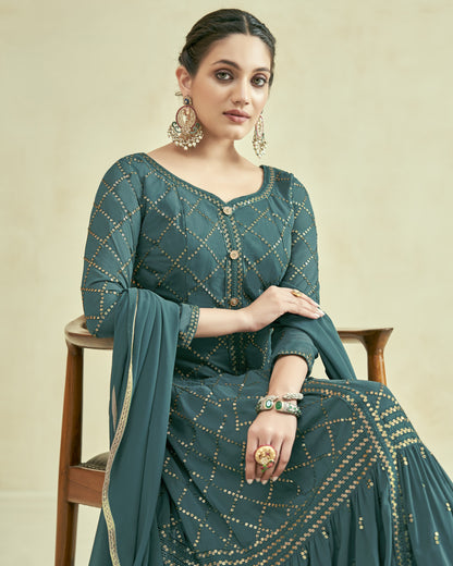 Green Georgette Anarkali Suit With Dupatta For Indian & Pakistani Wedding Festival - Thread Sequence Work