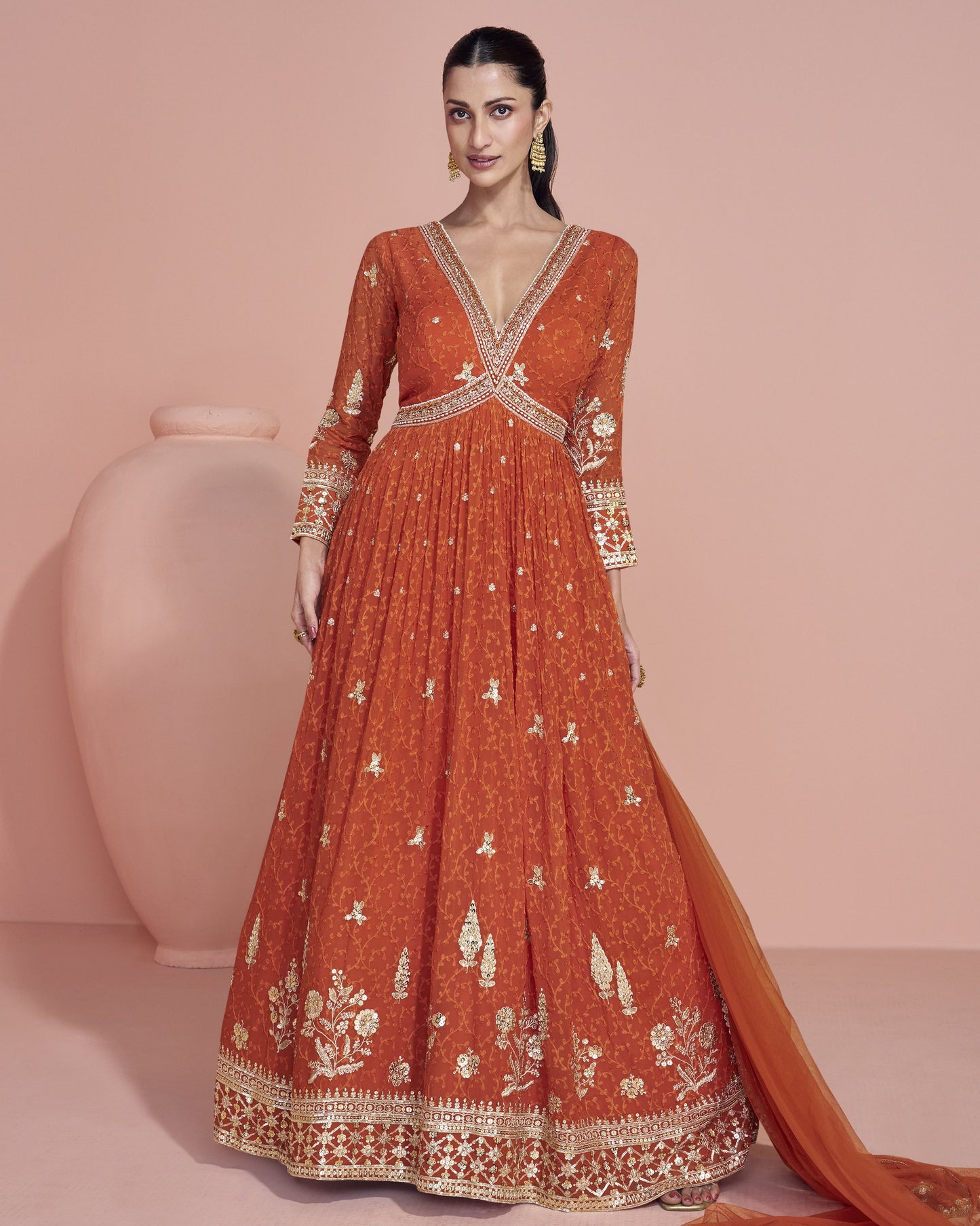 Orange Georgette Anarkali Suit With Dupatta For Indian & Pakistani Wedding Festival - Dori With Thread & Sequence Work
