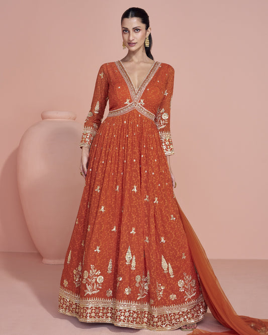 Orange Georgette Anarkali Suit With Dupatta For Indian & Pakistani Wedding Festival - Dori With Thread & Sequence Work