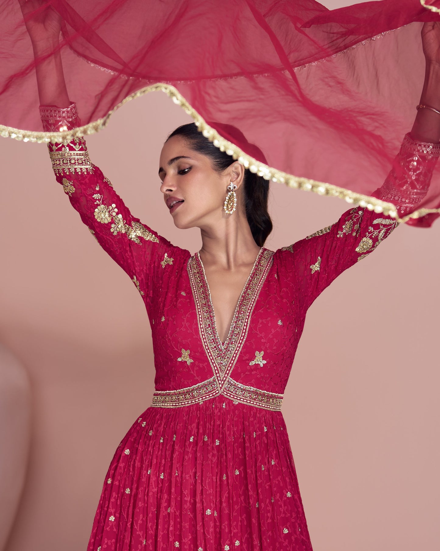 Pink Georgette Anarkali Suit With Dupatta For Indian & Pakistani Wedding Festival - Dori With Thread & Sequence Work