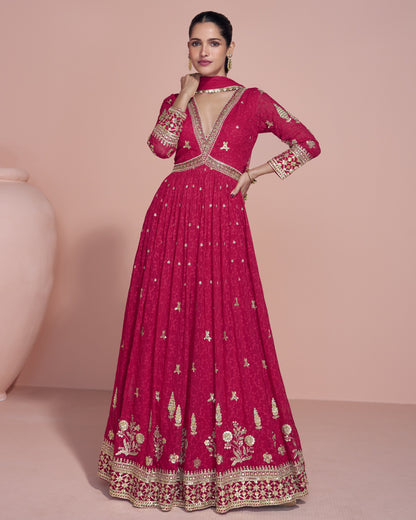 Pink Georgette Anarkali Suit With Dupatta For Indian & Pakistani Wedding Festival - Dori With Thread & Sequence Work